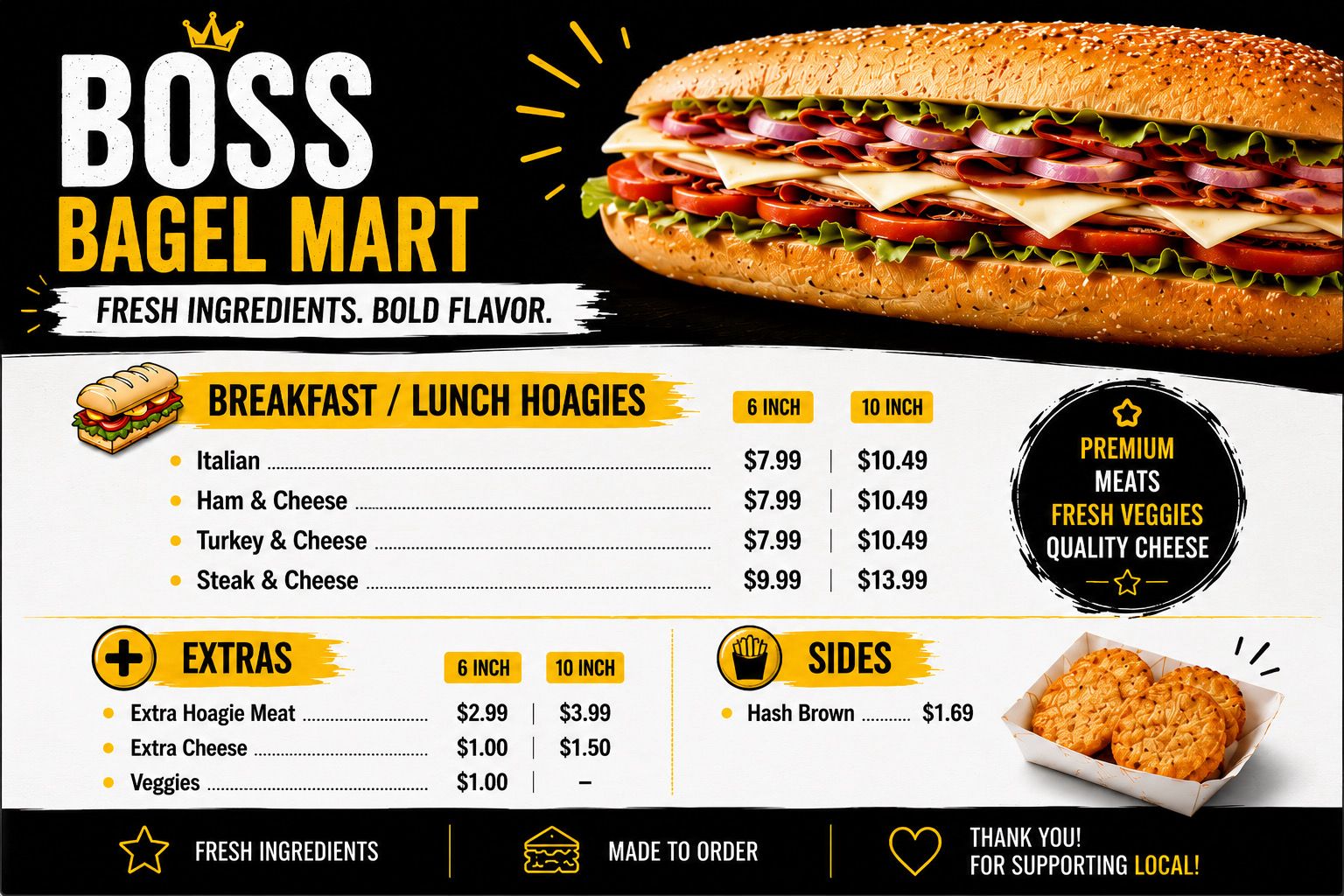 Breakfast and Lunch Hoagies Menu